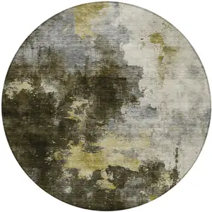 Photo of 8' Brown Light Gray And Black Round Abstract Washable Indoor Outdoor Area Rug