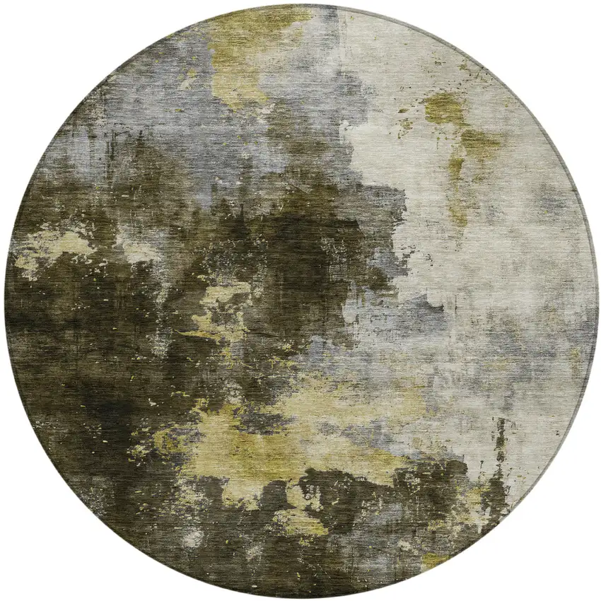 8' Brown Light Gray And Black Round Abstract Washable Indoor Outdoor Area Rug Photo 2