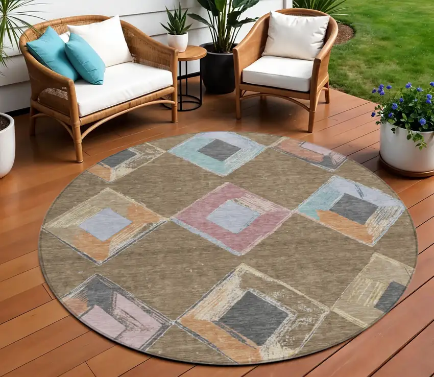 8' Brown Mauve And Charcoal Round Geometric Washable Indoor Outdoor Area Rug Photo 2