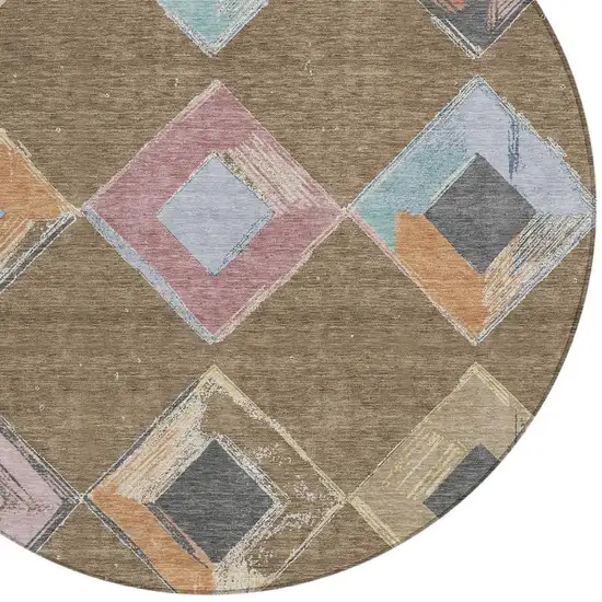 8' Brown Mauve And Charcoal Round Geometric Washable Indoor Outdoor Area Rug Photo 4