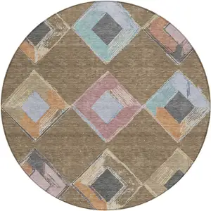 Photo of 8' Brown Mauve And Charcoal Round Geometric Washable Indoor Outdoor Area Rug