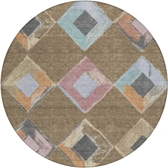 8' Brown Mauve And Charcoal Round Geometric Washable Indoor Outdoor Area Rug Photo 1