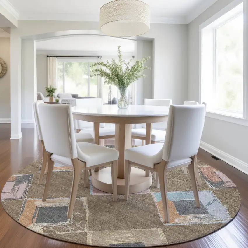 8' Brown Mauve And Charcoal Round Geometric Washable Indoor Outdoor Area Rug Photo 8