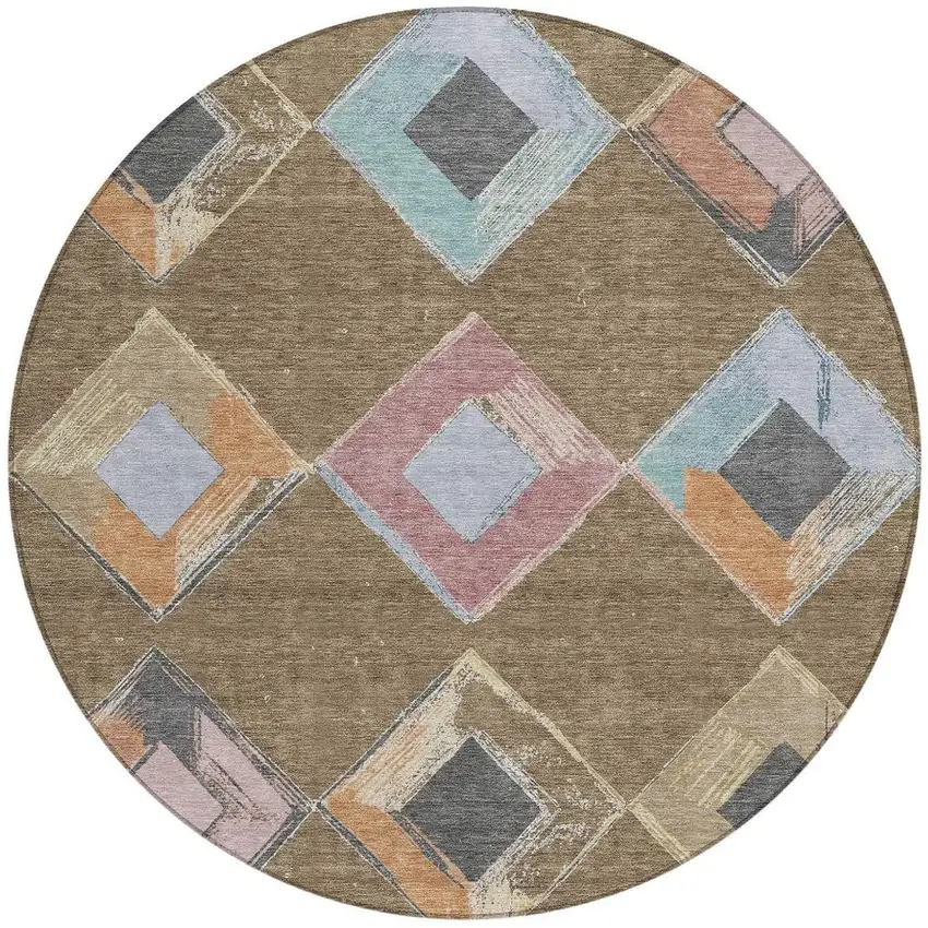 8' Brown Mauve And Charcoal Round Geometric Washable Indoor Outdoor Area Rug Photo 3