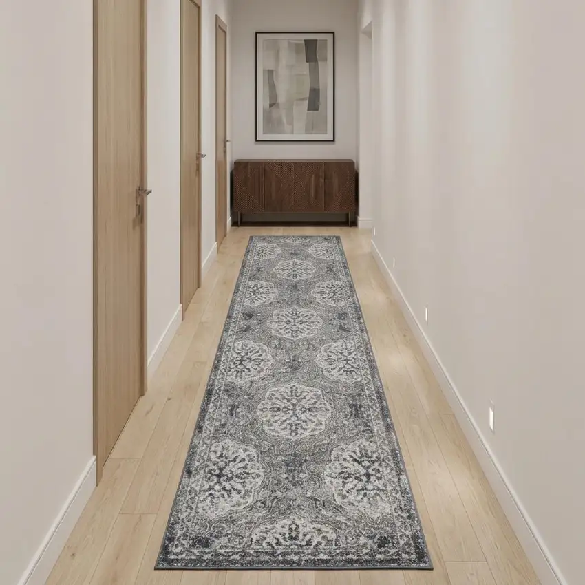 10' Charcoal and Gray Medallion Power Loom Runner Rug Photo 1