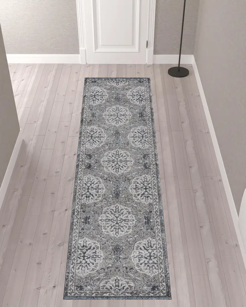 10' Brown Medallion Power Loom Runner Rug Photo 3