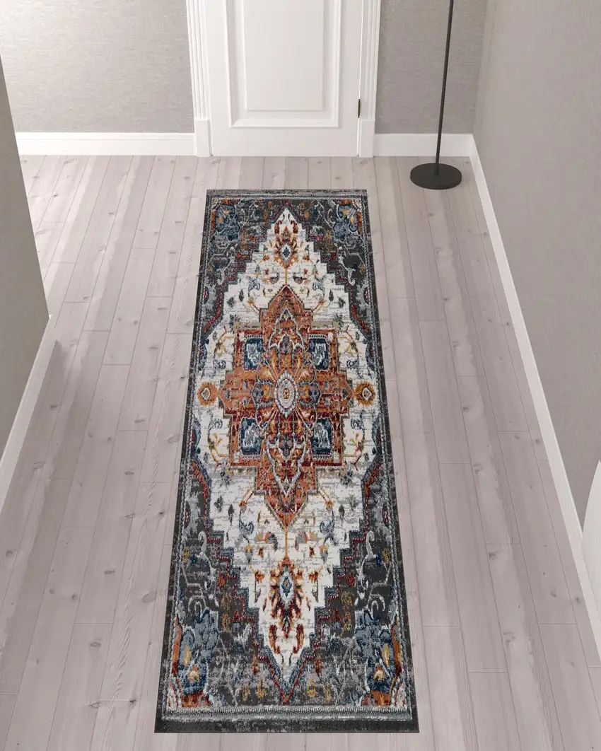 10' Brown Medallion Power Loom Runner Rug Photo 2