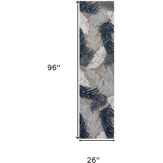 8' Brown Navy Blue And Ivory Floral Indoor Outdoor Runner Rug Photo 9