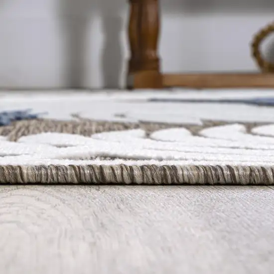 8' Brown Navy Blue And Ivory Floral Indoor Outdoor Runner Rug Photo 9