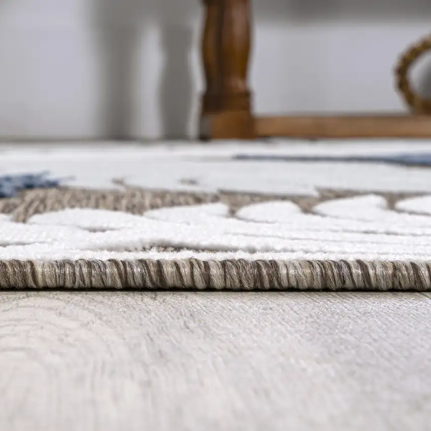 8' Brown Navy Blue And Ivory Floral Indoor Outdoor Runner Rug Photo 9