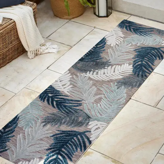 8' Brown Navy Blue And Ivory Floral Indoor Outdoor Runner Rug Photo 5