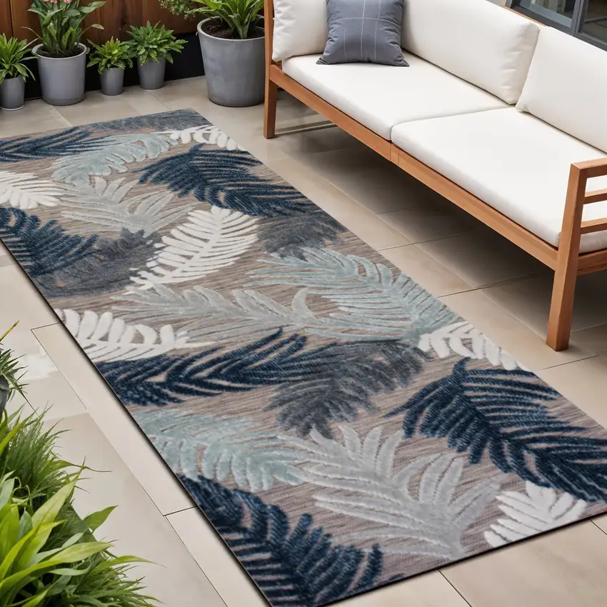 8' Brown Navy Blue And Ivory Floral Indoor Outdoor Runner Rug Photo 1