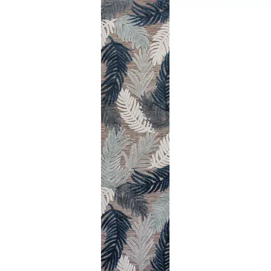 8' Brown Navy Blue And Ivory Floral Indoor Outdoor Runner Rug Photo 3