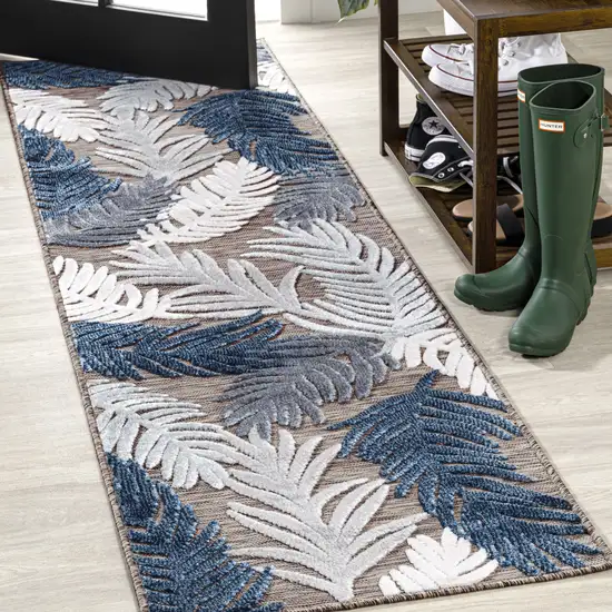 8' Brown Navy Blue And Ivory Floral Indoor Outdoor Runner Rug Photo 4