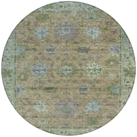 8' Brown Olive Green And Lavender Round Floral Washable Indoor Outdoor Area Rug Photo 3