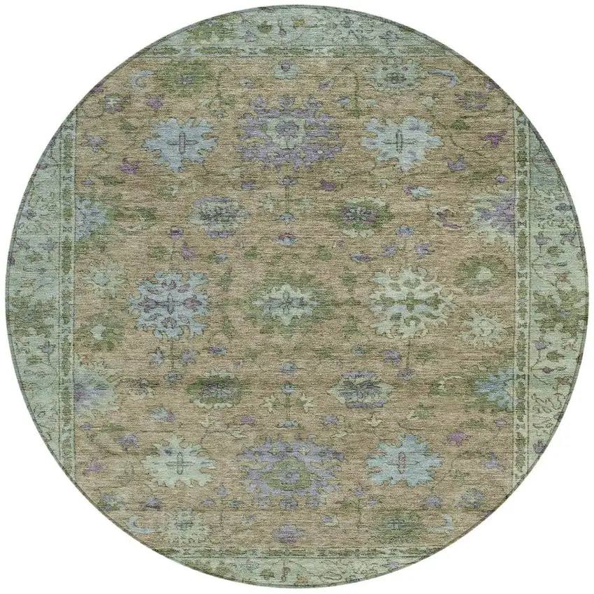 8' Brown Olive Green And Lavender Round Floral Washable Indoor Outdoor Area Rug Photo 3
