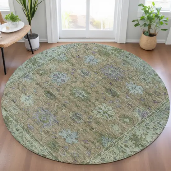 8' Brown Olive Green And Lavender Round Floral Washable Indoor Outdoor Area Rug Photo 5