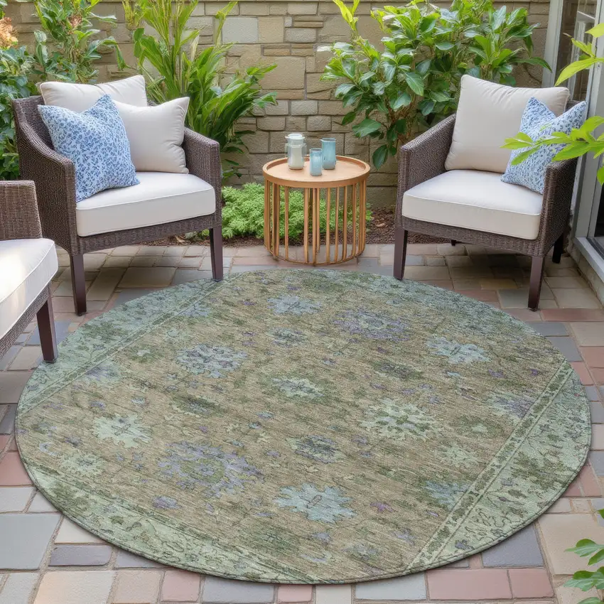 8' Brown Olive Green And Lavender Round Floral Washable Indoor Outdoor Area Rug Photo 6