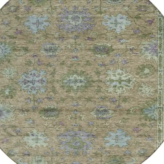 8' Brown Olive Green And Lavender Round Floral Washable Indoor Outdoor Area Rug Photo 8