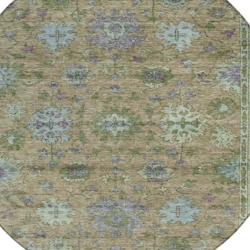 8' Brown Olive Green And Lavender Round Floral Washable Indoor Outdoor Area Rug Photo 8