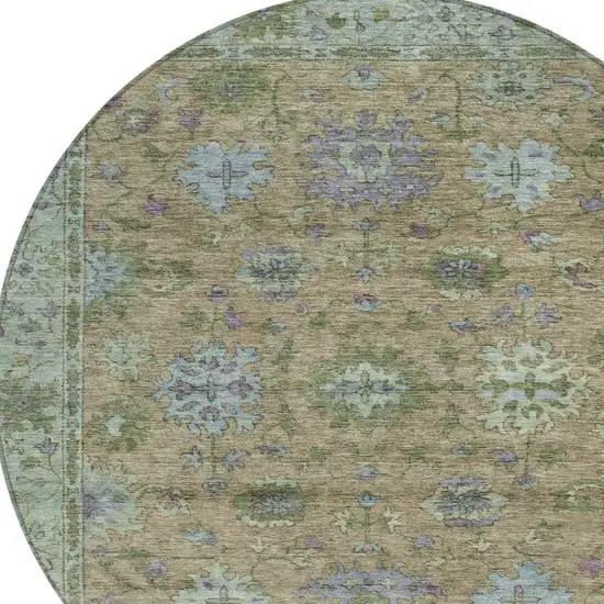 8' Brown Olive Green And Lavender Round Floral Washable Indoor Outdoor Area Rug Photo 4