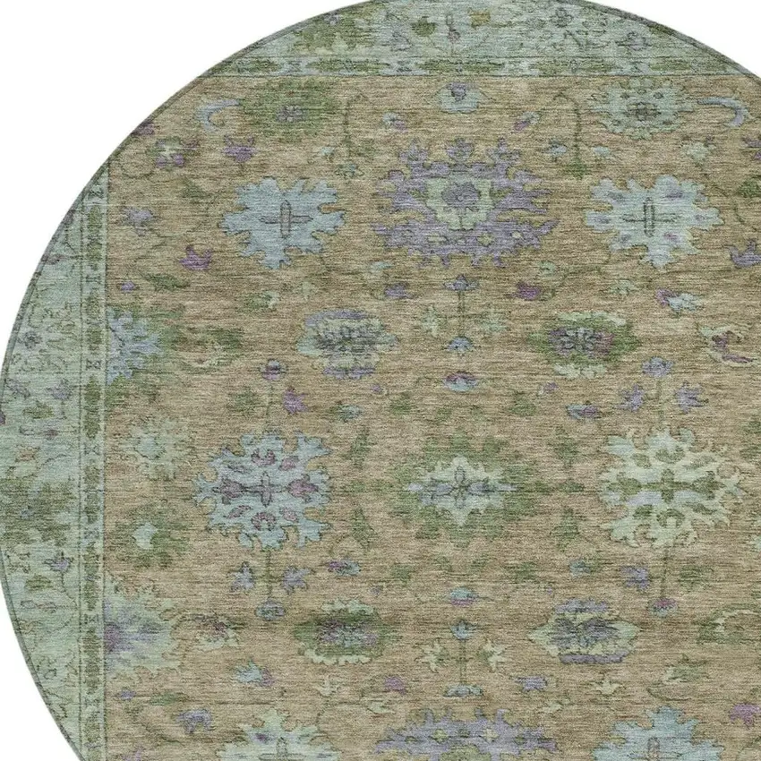8' Brown Olive Green And Lavender Round Floral Washable Indoor Outdoor Area Rug Photo 4