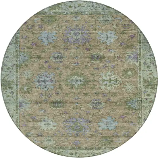8' Brown Olive Green And Lavender Round Floral Washable Indoor Outdoor Area Rug Photo 1
