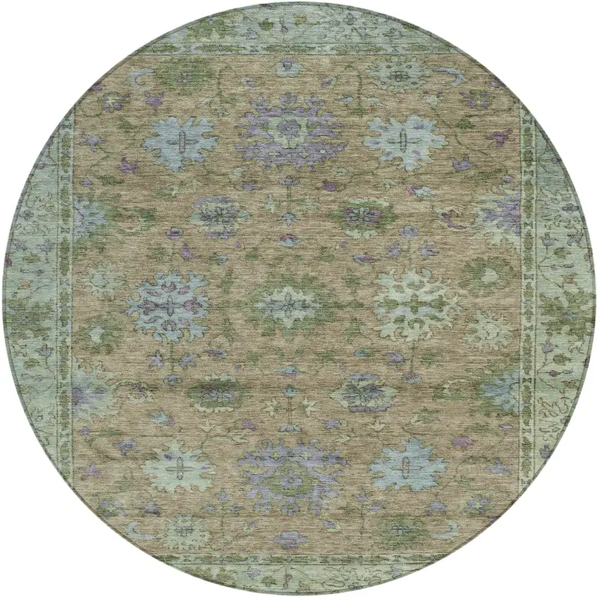 8' Brown Olive Green And Lavender Round Floral Washable Indoor Outdoor Area Rug Photo 1