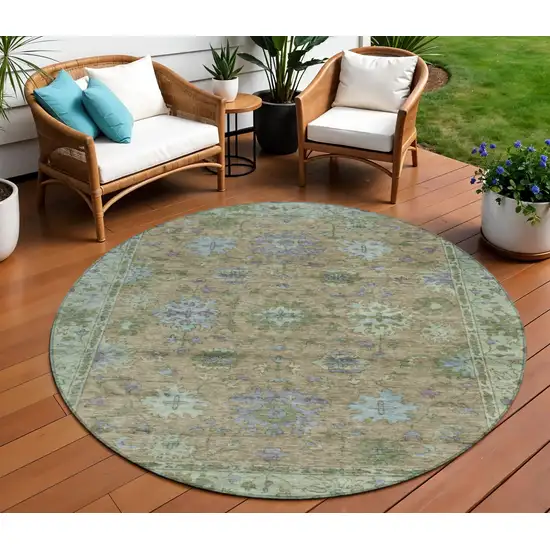 8' Brown Olive Green And Lavender Round Floral Washable Indoor Outdoor Area Rug Photo 2