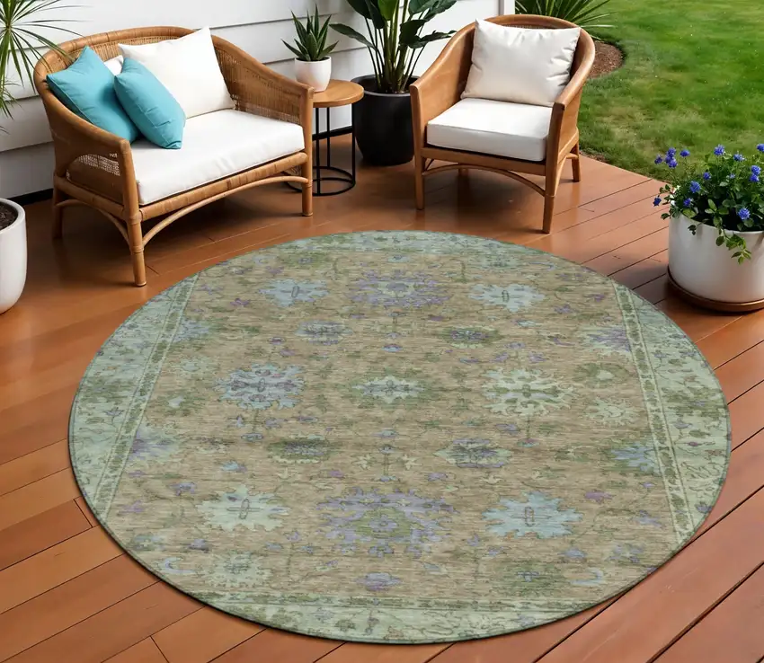 8' Brown Olive Green And Lavender Round Floral Washable Indoor Outdoor Area Rug Photo 2