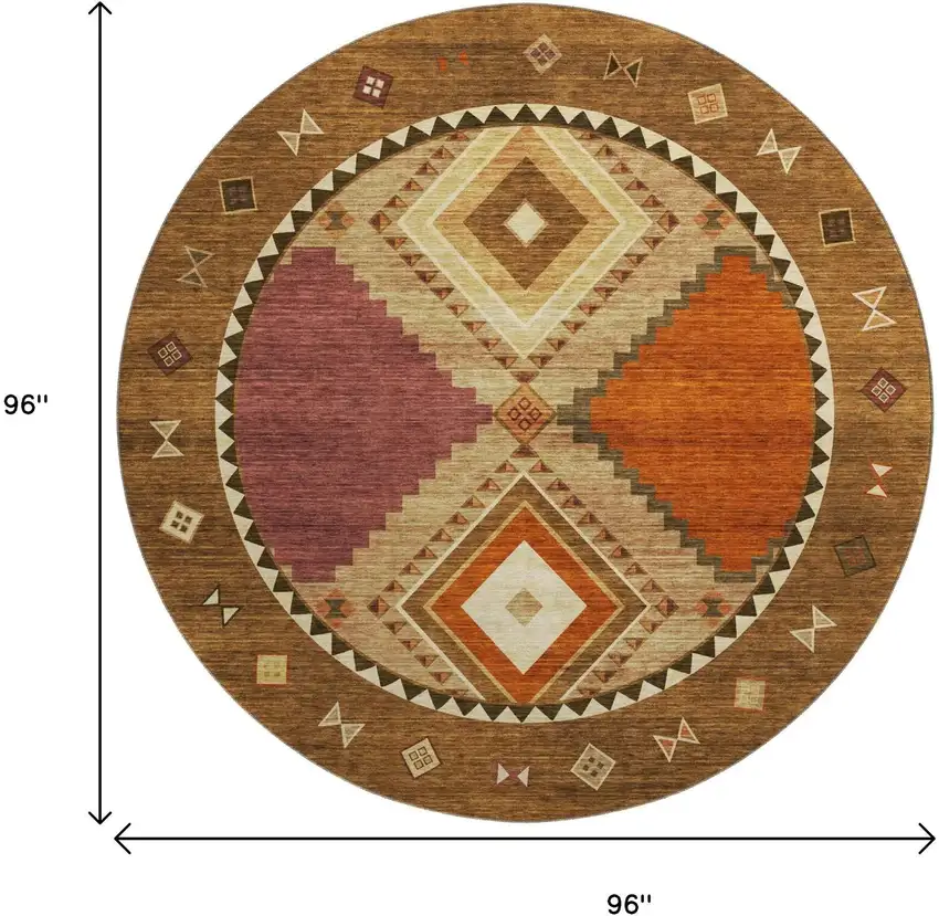 8' Brown Orange And Beige Geometric Washable Round Rug With UV Protection Photo 3