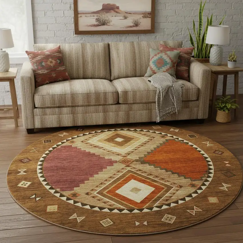 8' Brown Orange And Beige Geometric Washable Round Rug With UV Protection Photo 1