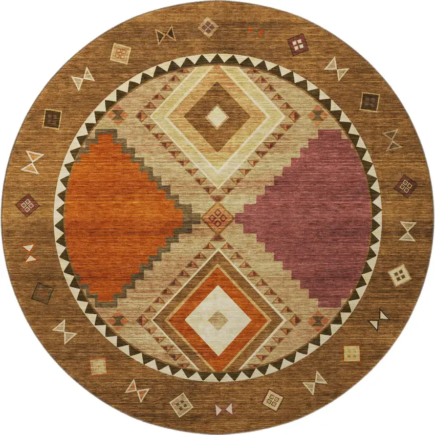 8' Brown Orange And Beige Geometric Washable Round Rug With UV Protection Photo 4