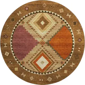Photo of 8' Brown Orange And Beige Geometric Washable Round Rug With UV Protection