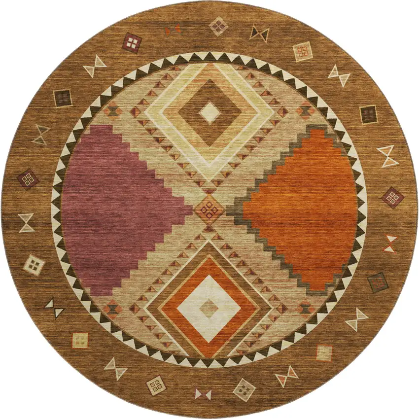 8' Brown Orange And Beige Geometric Washable Round Rug With UV Protection Photo 1