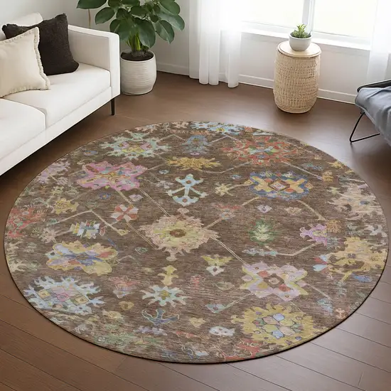 8' Brown Pink And Blue Round Floral Washable Indoor Outdoor Area Rug Photo 9