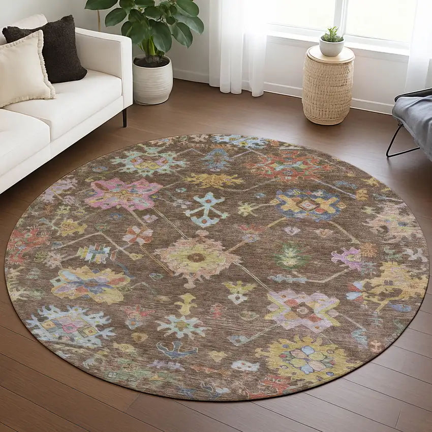 8' Brown Pink And Blue Round Floral Washable Indoor Outdoor Area Rug Photo 9