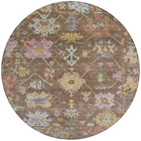 8' Brown Pink And Blue Round Floral Washable Indoor Outdoor Area Rug Photo 3
