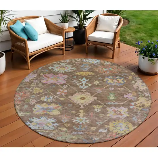 8' Brown Pink And Blue Round Floral Washable Indoor Outdoor Area Rug Photo 1