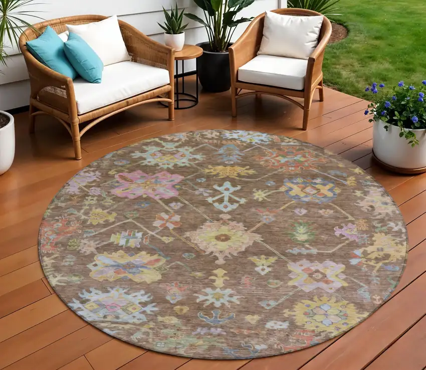 8' Brown Pink And Blue Round Floral Washable Indoor Outdoor Area Rug Photo 1