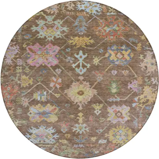 8' Brown Pink And Blue Round Floral Washable Indoor Outdoor Area Rug Photo 2