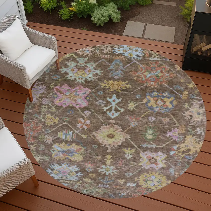 8' Brown Pink And Blue Round Floral Washable Indoor Outdoor Area Rug Photo 7