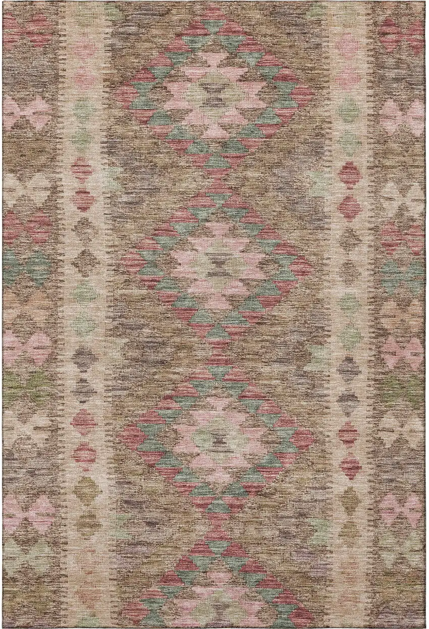 8' Brown Pink And Teal Geometric Washable Area Rug With UV Protection Photo 3