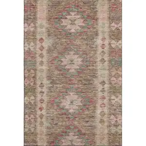Photo of 8' Brown Pink And Teal Geometric Washable Area Rug With UV Protection