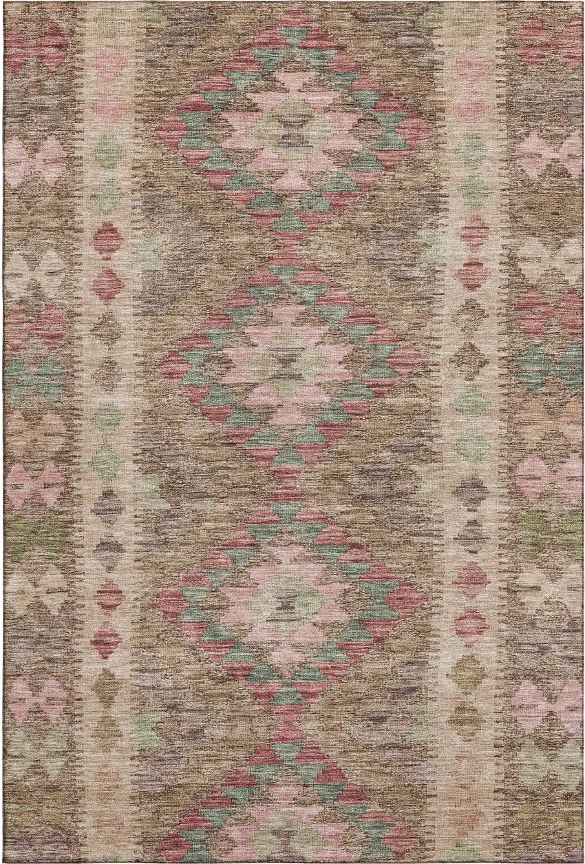 8' Brown Pink And Teal Geometric Washable Area Rug With UV Protection Photo 1