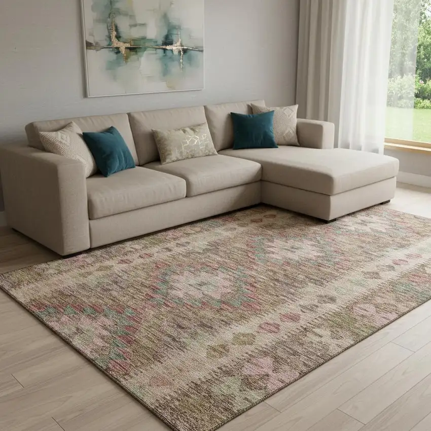 8' Brown Pink And Teal Geometric Washable Area Rug With UV Protection Photo 2