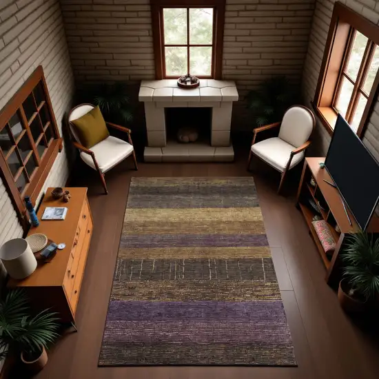 8' Brown Plum And Gold Striped Washable Area Rug With UV Protection Photo 2