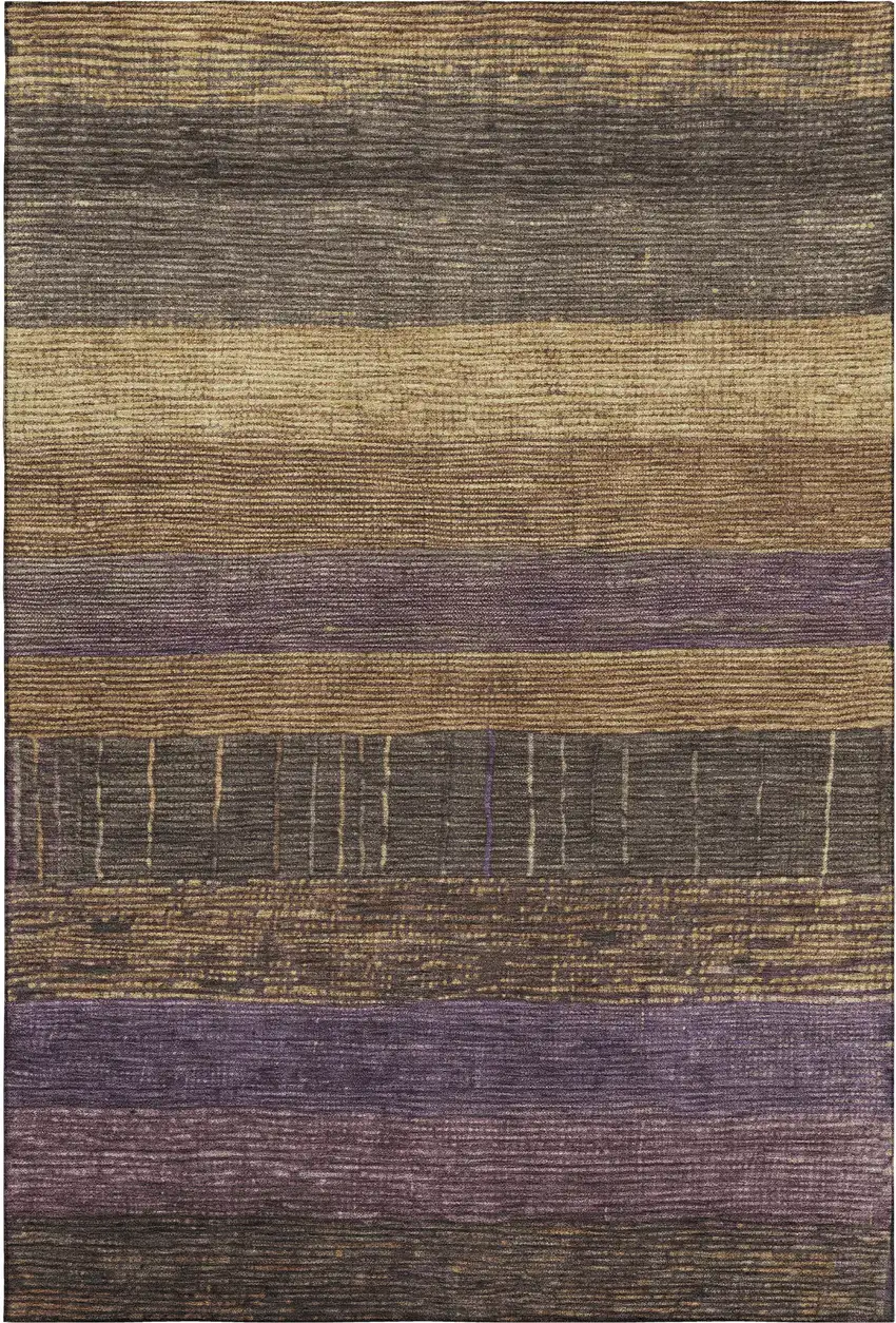 8' Brown Plum And Gold Striped Washable Area Rug With UV Protection Photo 3
