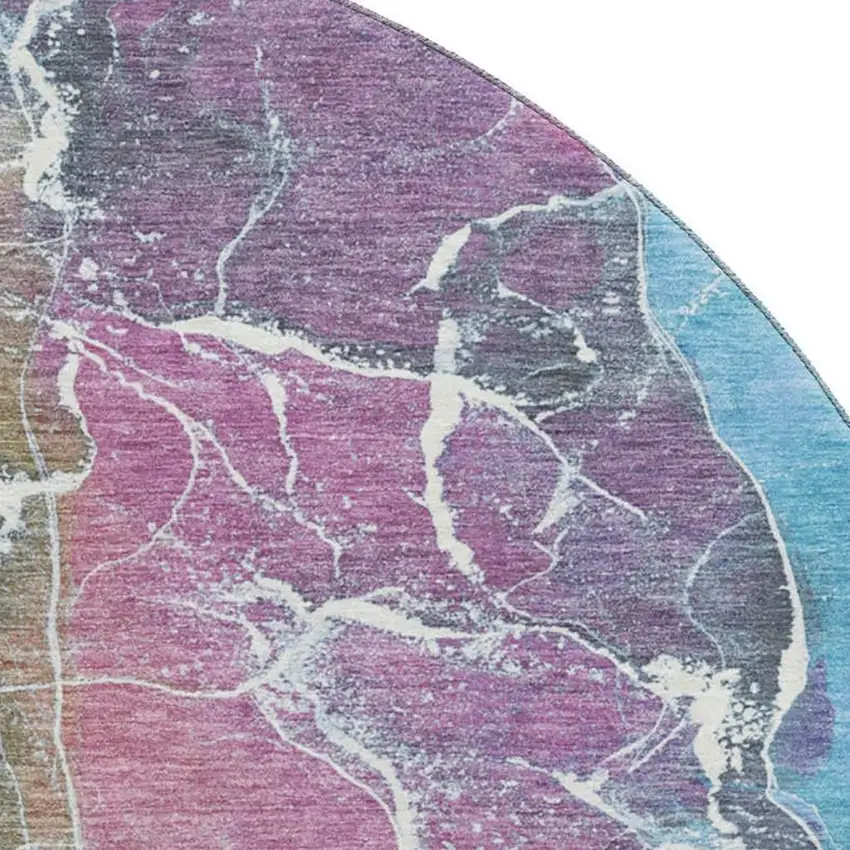 8' Brown Purple And Blue Abstract Washable Round Rug With UV Protection Photo 2