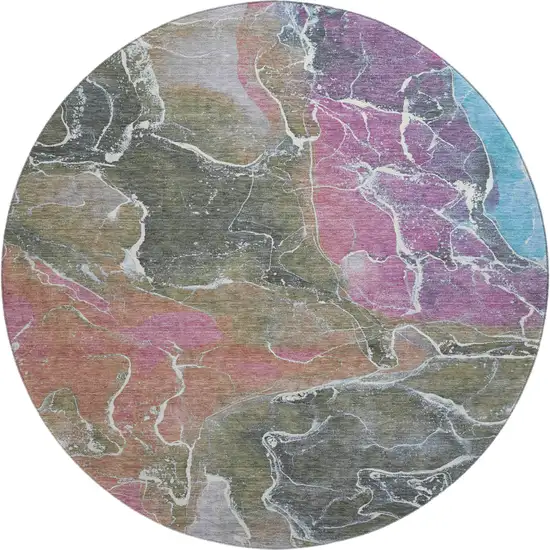 8' Brown Purple And Blue Abstract Washable Round Rug With UV Protection Photo 1